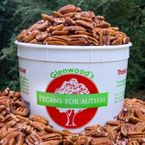 A bucket with the Pecans for Autism logo, overflowing with pecans.
